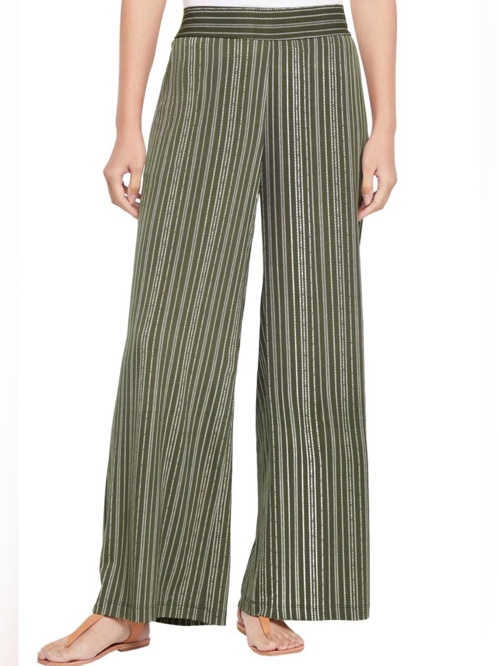Three Dots Olive and White Vertical Stripe Wide-Leg Pants